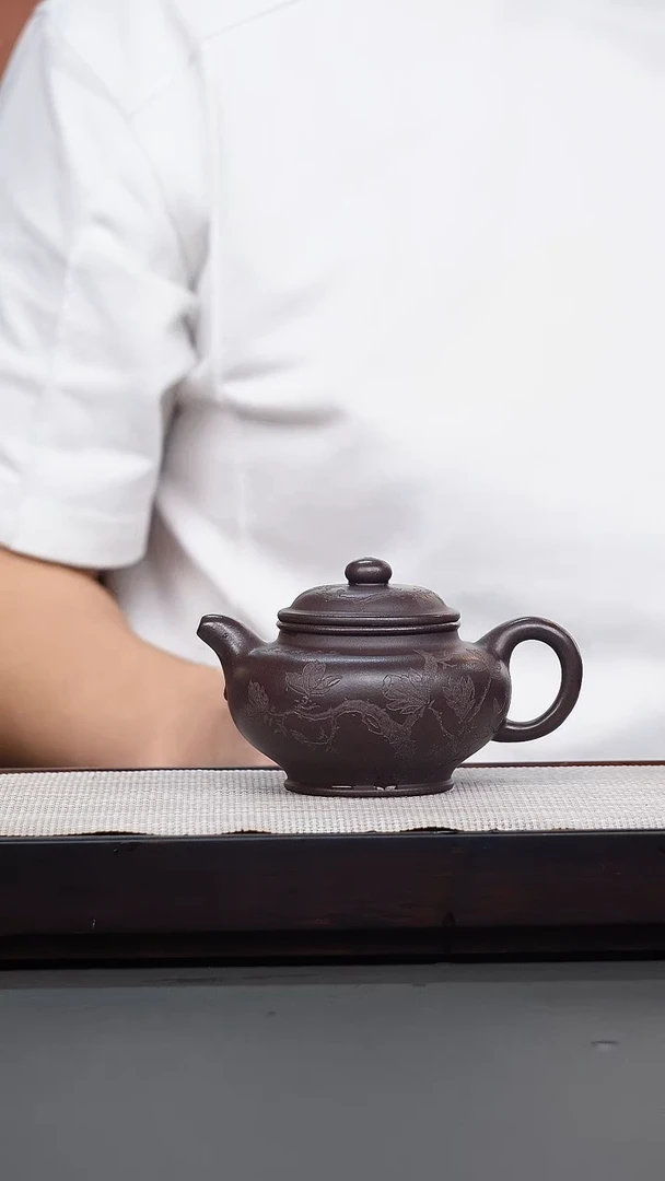 茶壶紫砂老紫泥刻绘掇只