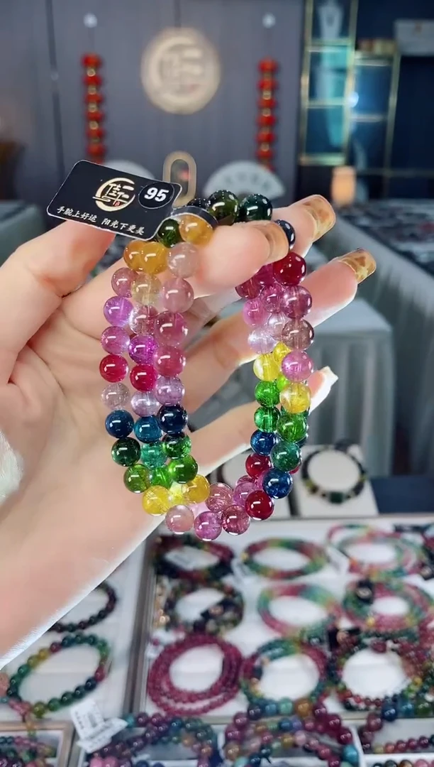 未镶嵌老矿碧玺色标彩虹高透三圈手串7mm+碧玺dan多样性发货一条