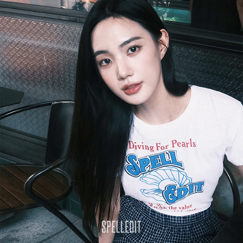 SPELLEDIT夏季新款SP珍珠T恤圆领短袖印花短款韩版休闲通勤女