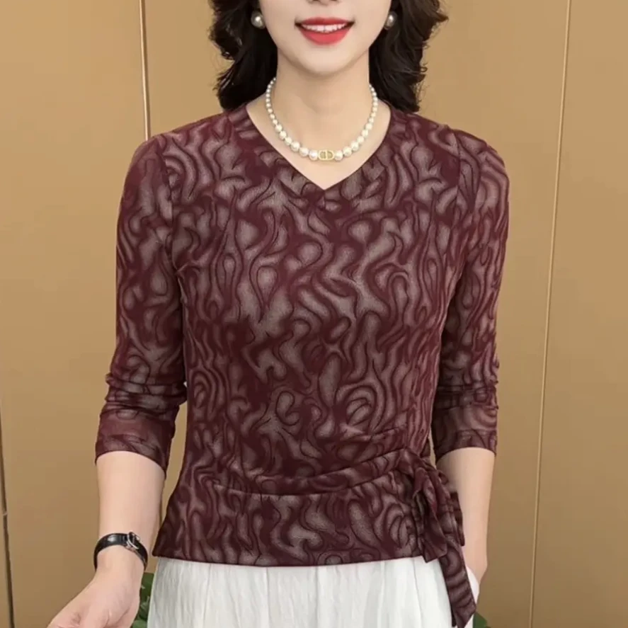 秋季新款时尚V领系带收腰设计感洋气妈妈装显瘦百搭长袖网纱上衣