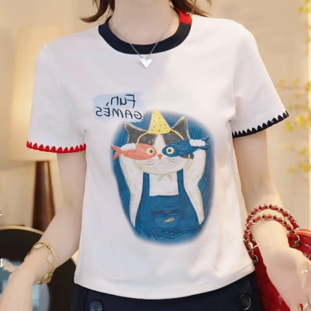 时尚减龄卡通猫咪百搭宽松显瘦T恤女2025夏季新款时尚圆领上衣