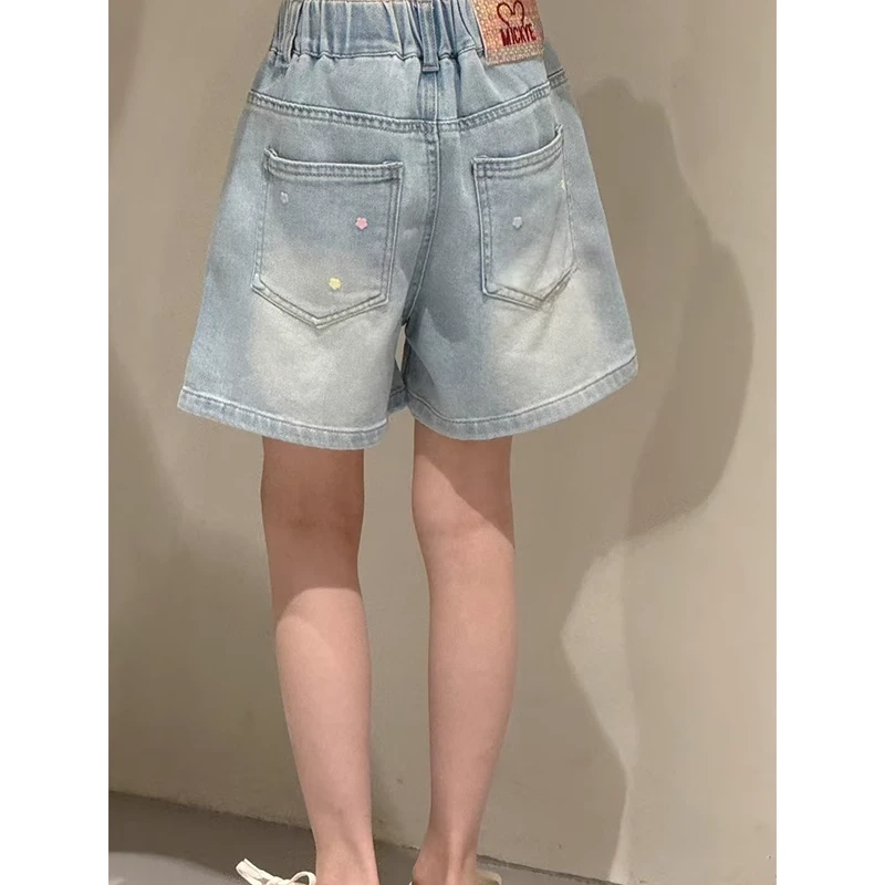 女童牛仔短裤2025夏装新款儿童中大童刺绣花朵宽松短裤 K25257