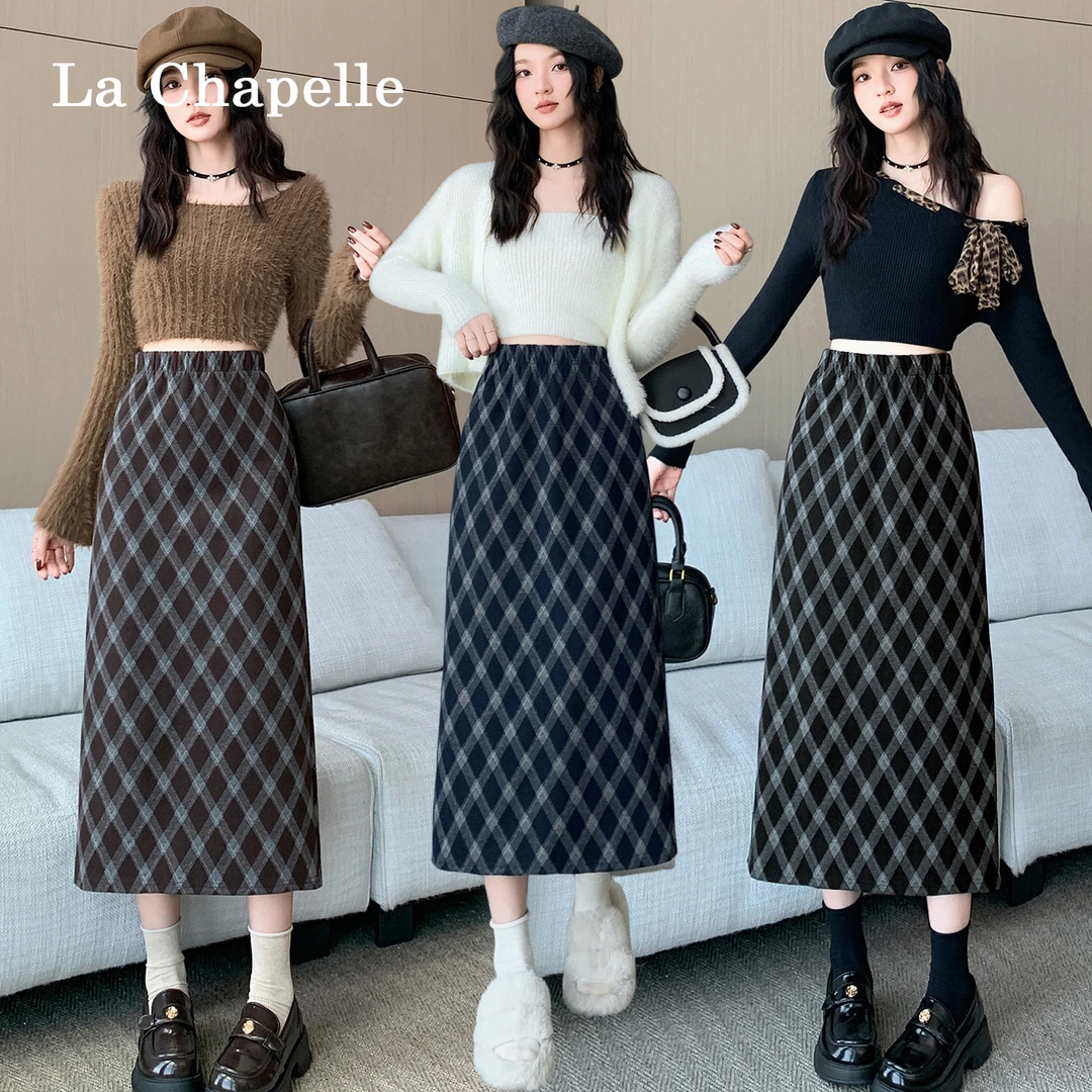 拉夏贝尔复古毛呢开叉格子半身中长裙秋冬新款显瘦a字包臀直筒裙
