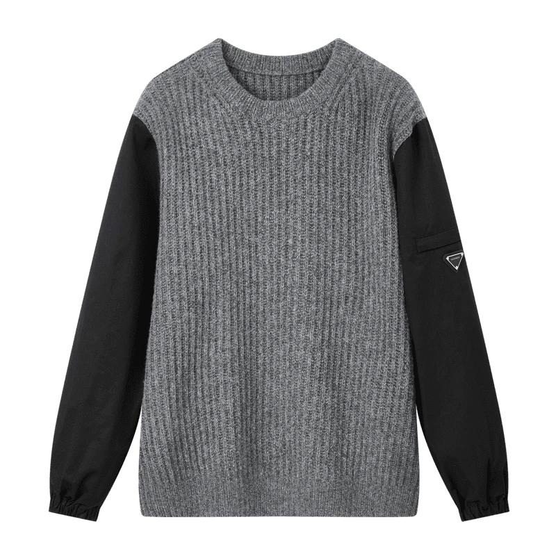 【籽言专属】休闲拼接针织衫高级灰圆领宽松套头上衣X09BZS8502