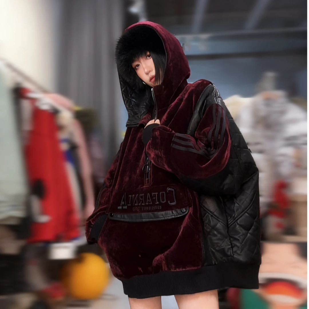 粉丝福利 热点家 夹棉加厚丝绒连帽皮质拼接大外套