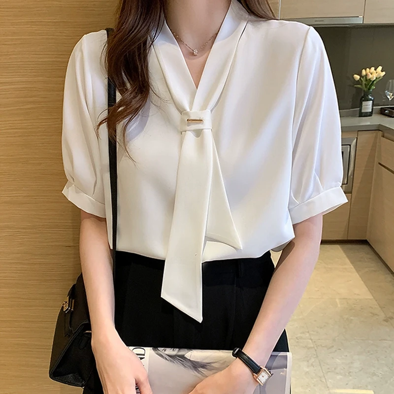 泡泡袖雪纺系带衬衫女职业白领OL工作服短袖夏季法式v领飘带衬衣
