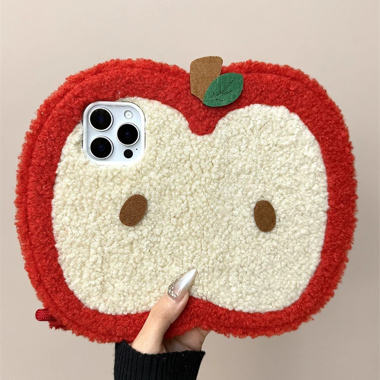 创意毛绒苹果翻盖镜子适用iphone16手机壳15promax小众14少女心13