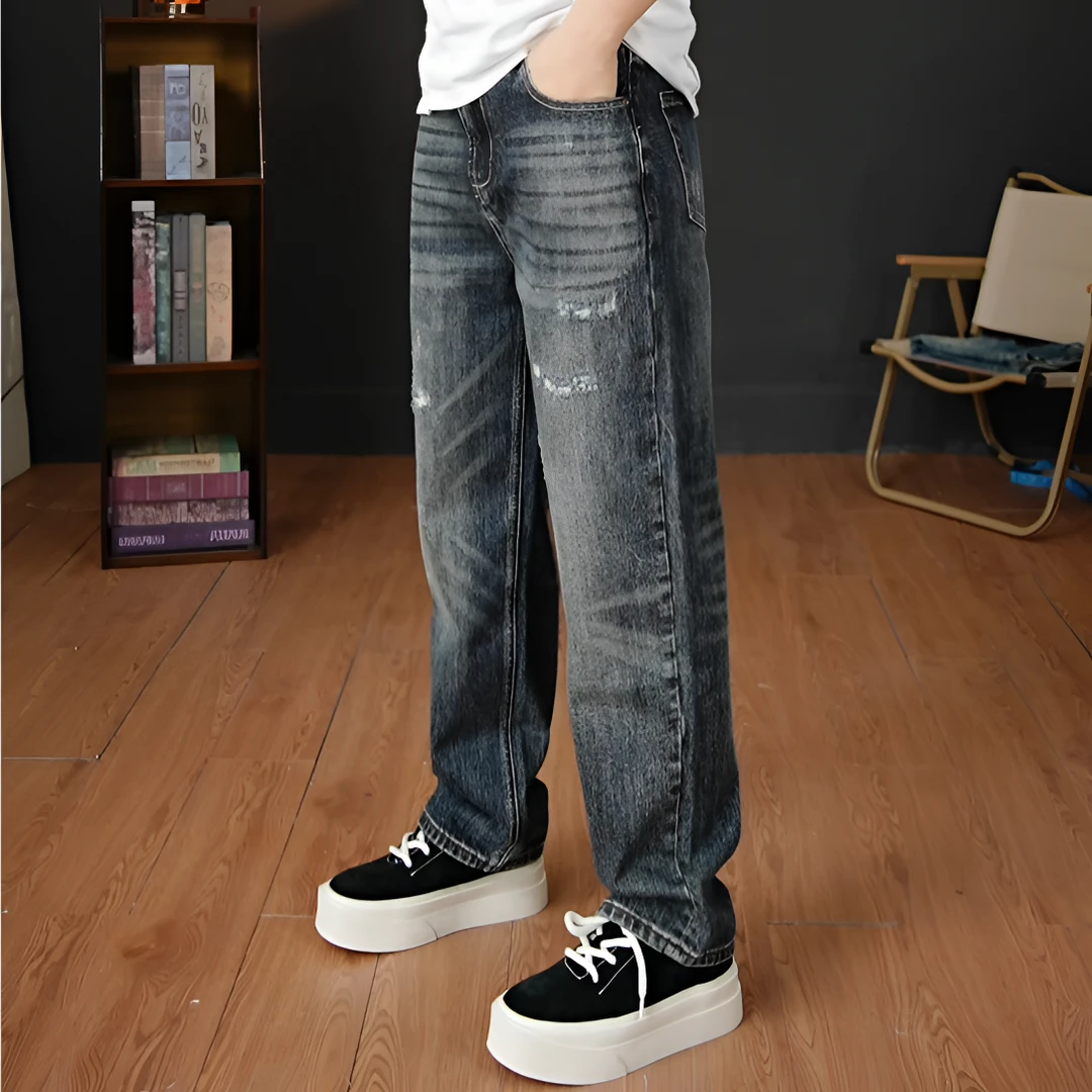 （九分宽松直筒）补丁冬季直筒日系厚款做旧牛仔裤印花长裤潮流破洞
