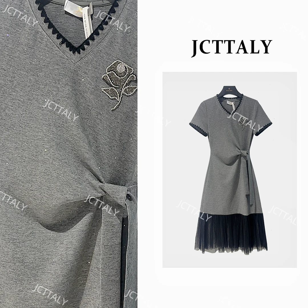 【宠粉价】设计师百搭纯色拼接优雅褶皱女装短袖镂空连衣裙JC-A4024