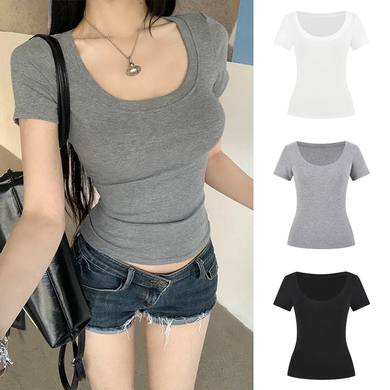 【6-8米运补】2025新款大U领正肩短袖T恤修身基础款辣妹短款上衣春