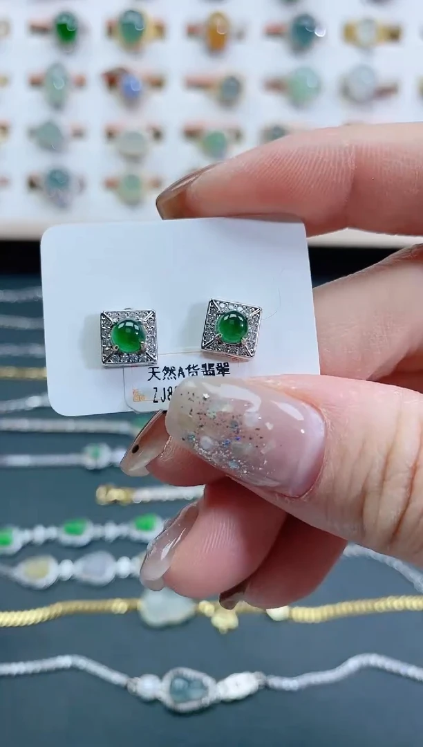银S925镶嵌翡翠耳饰天然翡翠