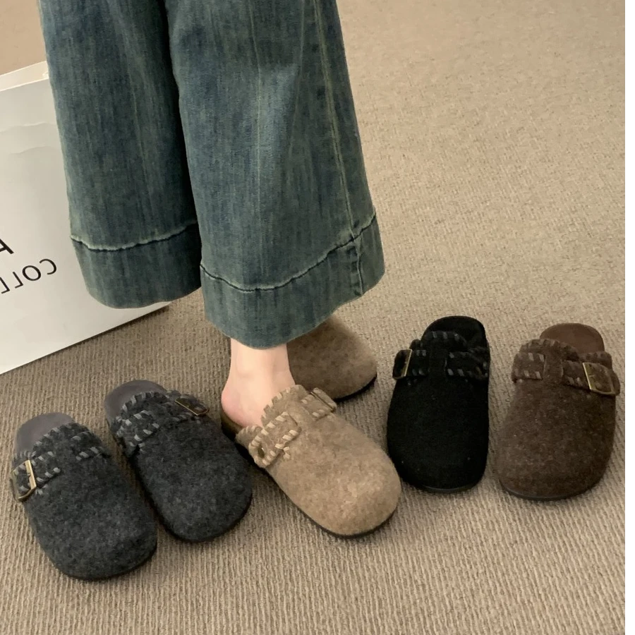 复古韩版毛呢勃肯鞋包头半拖鞋女外穿2025秋冬新款厚底加绒棉拖鞋
