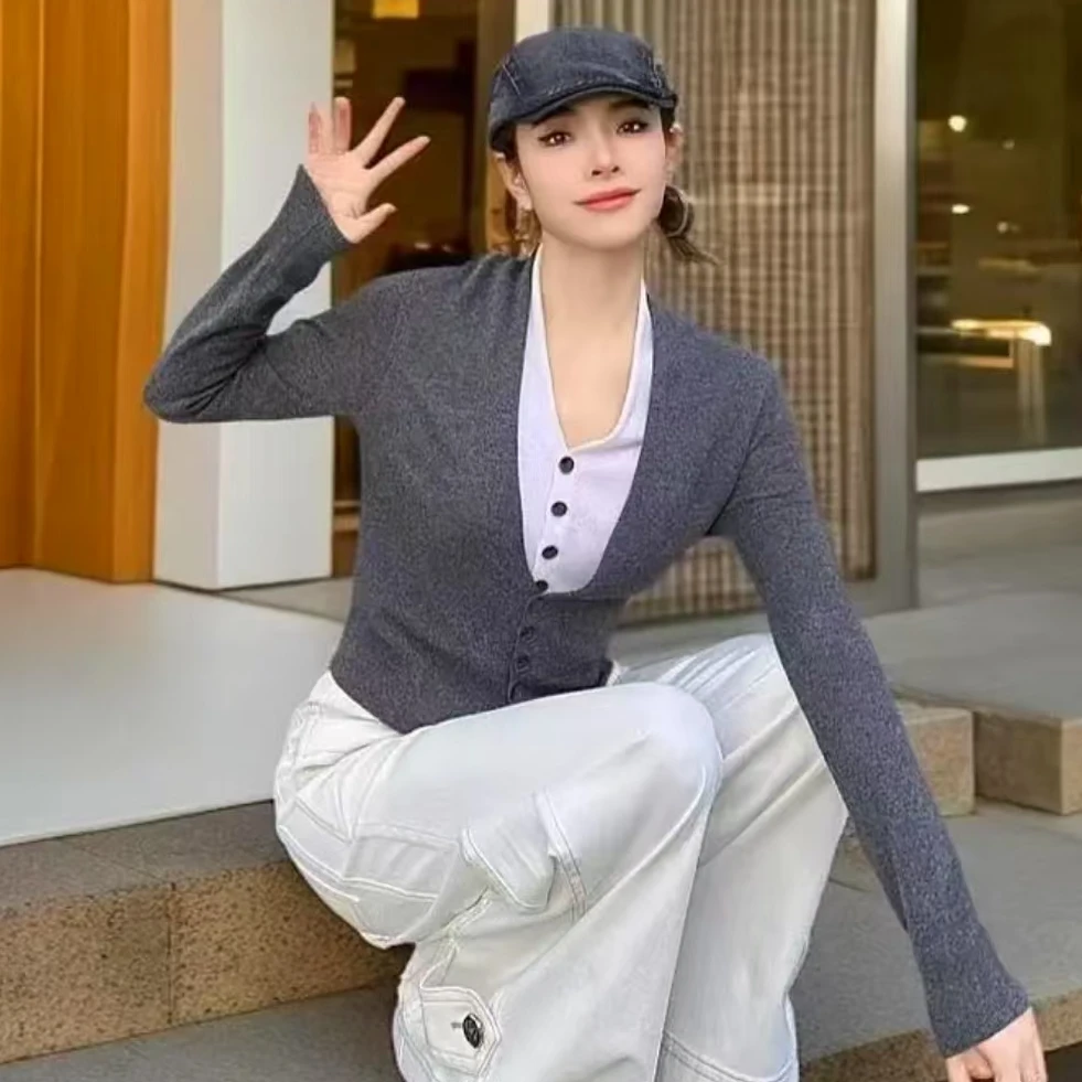 阿玛施AMASS 新款假两件慵懒时尚百夏季薄短浅蓝色针织衫