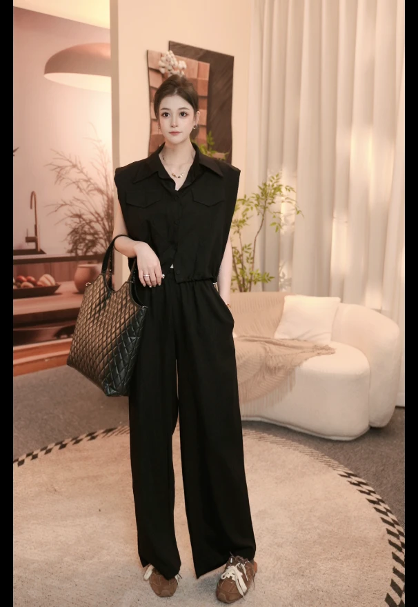 夏季薄款无袖上衣高腰阔腿裤套装女