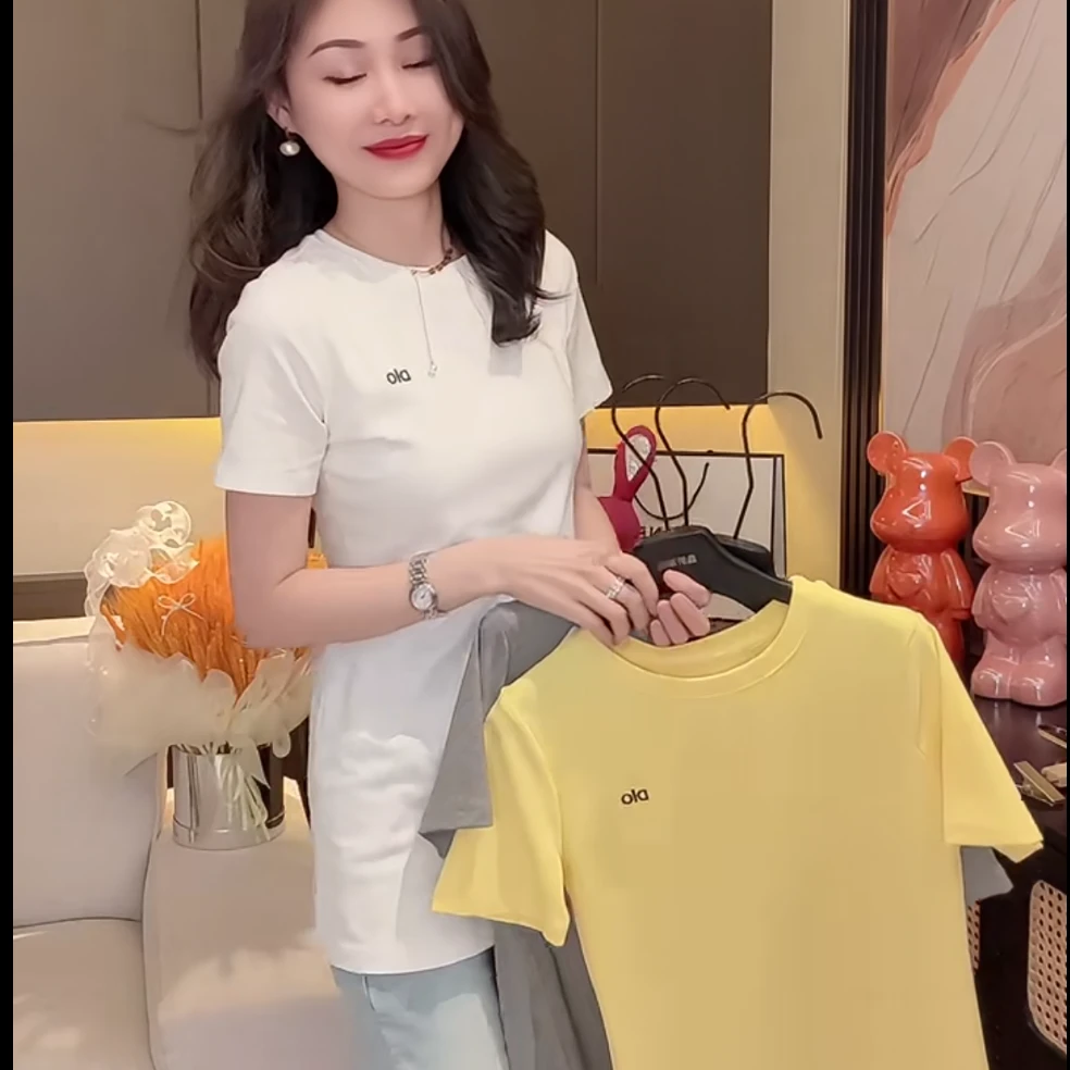 欧货时尚气质遮臀显瘦中长款刺绣字母短袖纯色T恤上衣打底衫8923