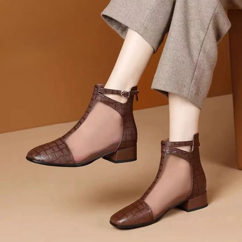 2025春夏季新款网靴女低跟女鞋皮鞋镂空网纱凉鞋女士罗马凉靴