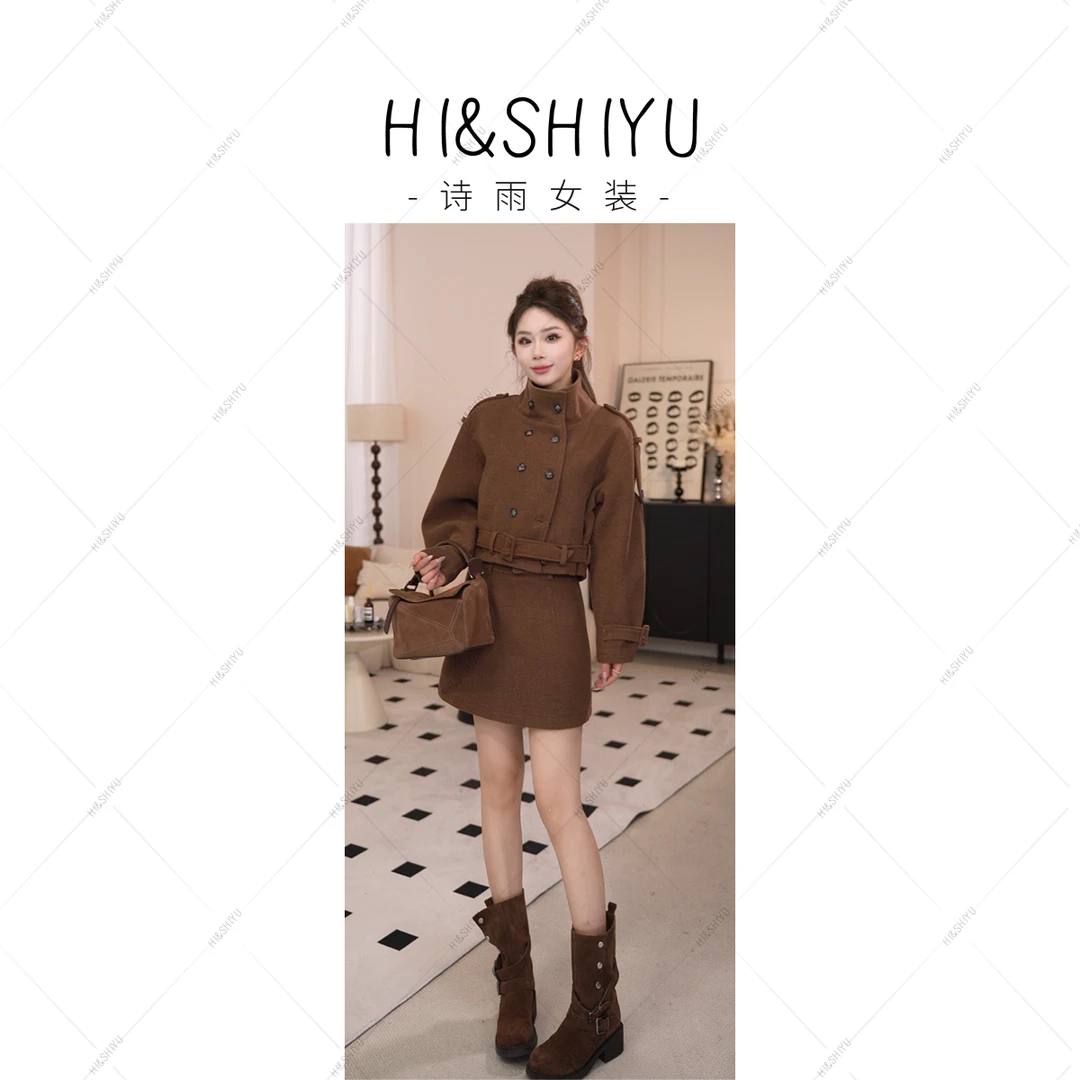 HISHIYU【香氛恋人】立领双排扣气质百搭显瘦毛呢外套+半身裙套装