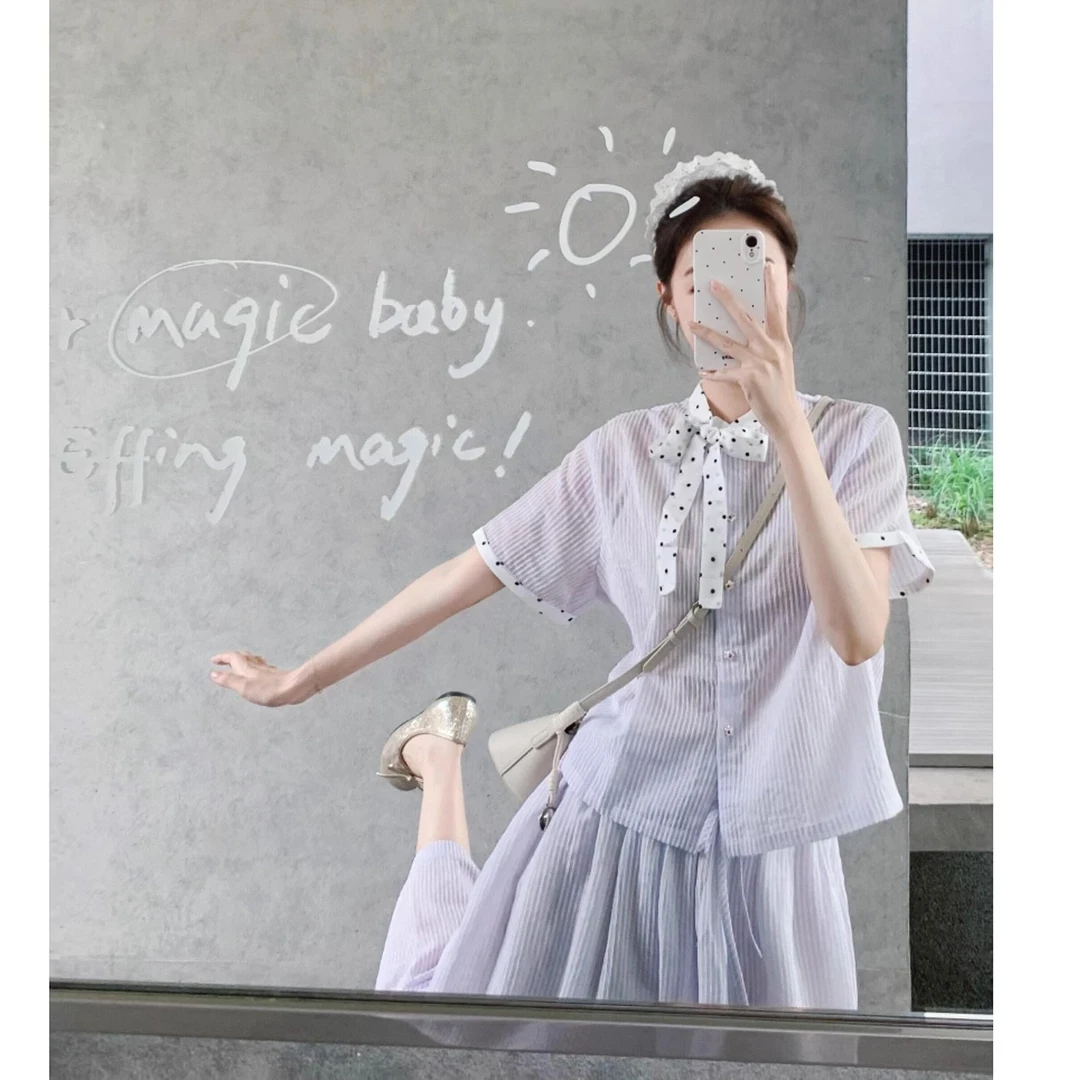 【小雪专属】2025夏季紫色条纹短袖衬衫女显瘦半身裙时尚两件套装女