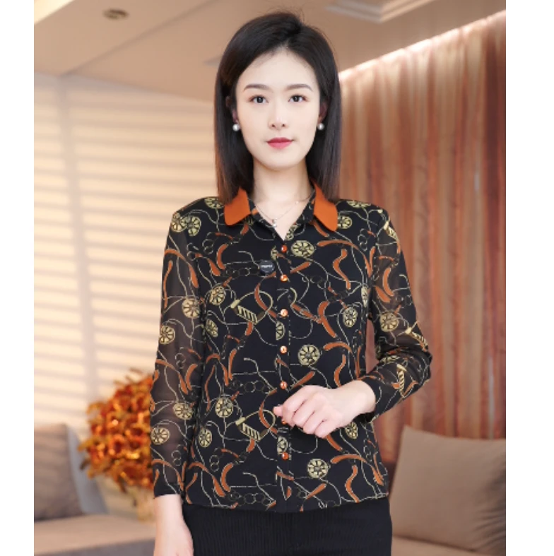 春夏新款妈妈装洋气遮肚显瘦翻领台湾纱时尚短款修身衬衫23056-32