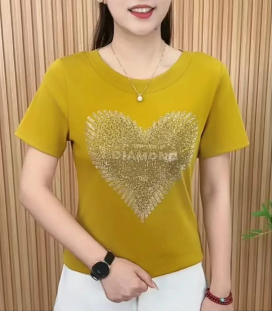 镶钻短袖t恤女夏季新款中年妈妈装重工宽松黄色圆领大码时尚休闲