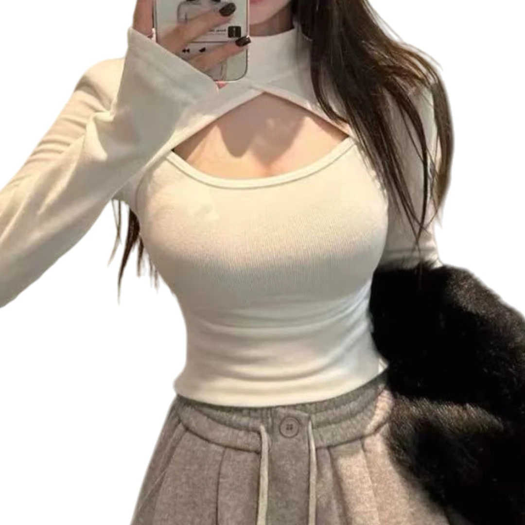 小富婆家纯欲高领打底衫女秋加厚性感镂空带垫肩短款上衣T恤