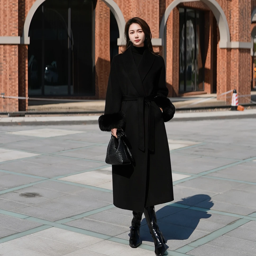 S·KBKZ轻奢双面加长款高贵气质绵羊毛大衣真狐狸毛2519