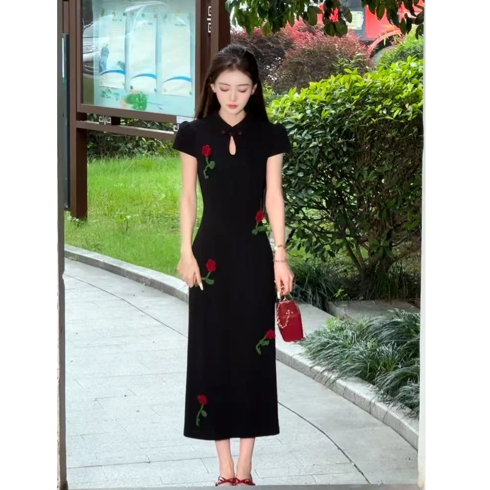 ＜小瑜＞【芳华】国风新中式旗袍立体玫瑰钩花黑色连衣裙XMZH7635