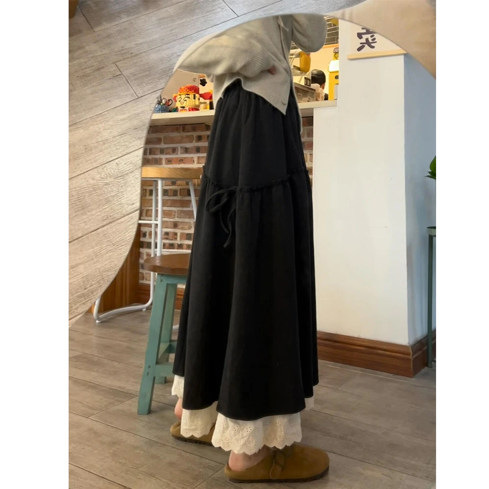蕾丝拼接半身裙设计感显瘦胖mm梨型身材遮胯a字长裙到脚踝超长款