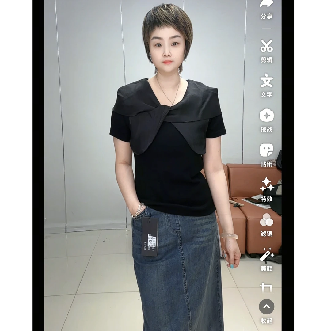 小施家特色版拼色法式气质显痩女人T恤3569