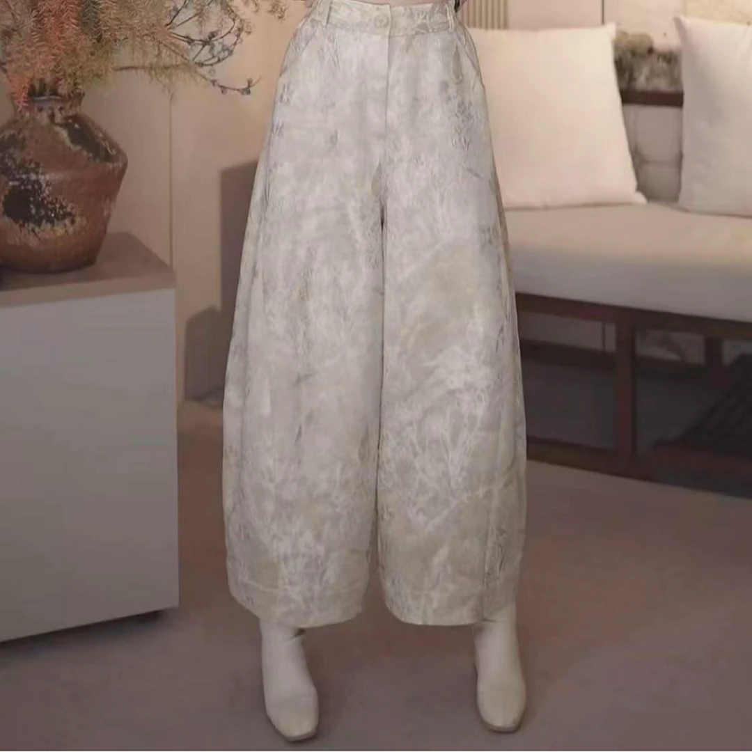 【白玉-裤子】新款冬季新中式加绒加厚提花阔腿休闲裤