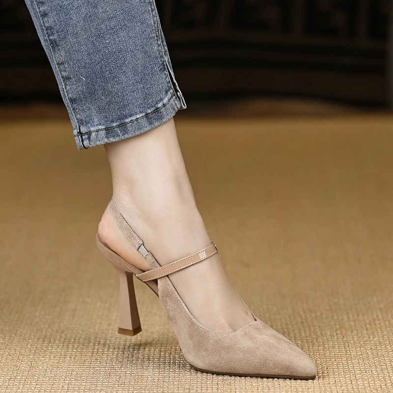 小个子手工女鞋8.7cm~细跟女凉鞋尖头时装气质高跟鞋时尚杏色女