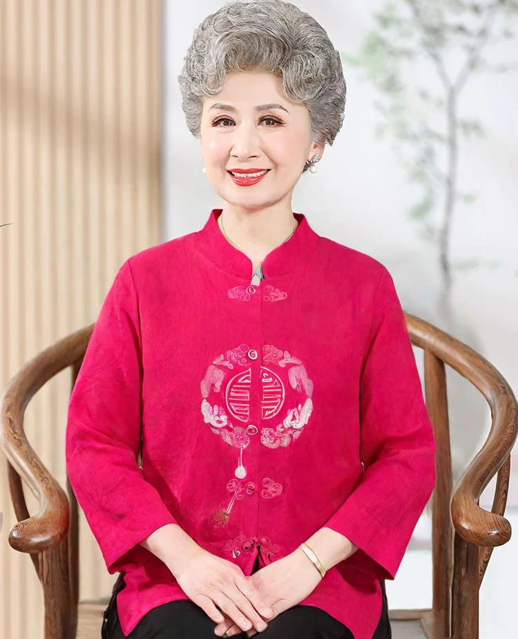 奶奶装刺绣唐装衬衫中老年妈妈喜庆七分袖春夏女装上衣气质衬衣