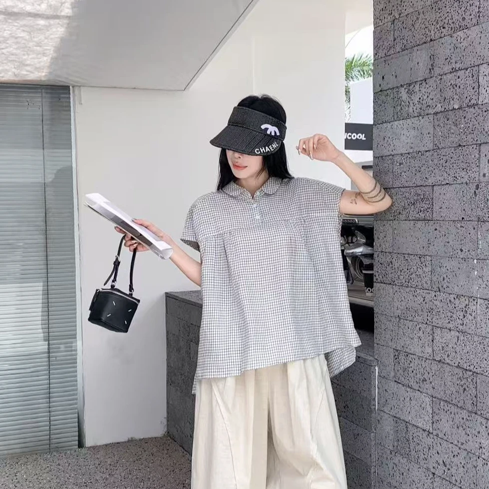 天丝亚麻娃娃装款日系衬衣时尚黑白格纹