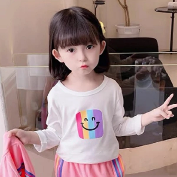 儿童秋款彩虹笑脸打底衫女童百搭打底圆领长袖衫H-N-C08