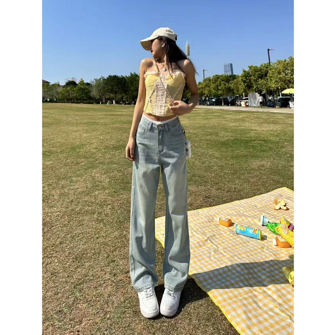 JS77-88高腰浅色窄版牛仔裤2025款宽松垂感显瘦直筒拖地长裤