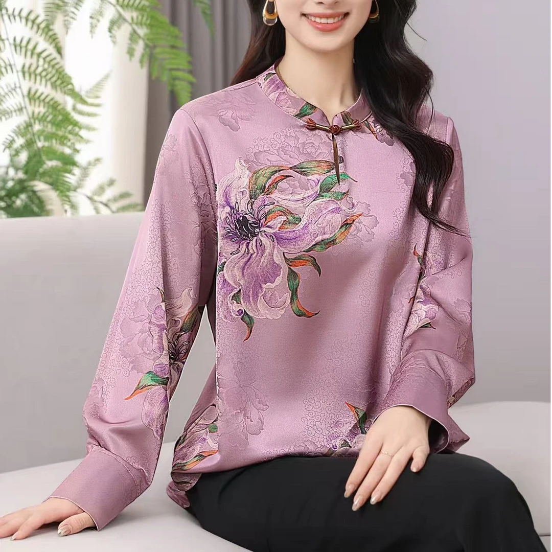 新中式印花立领气质上衣百搭时尚复古女士春夏中国风洋气长袖小衫