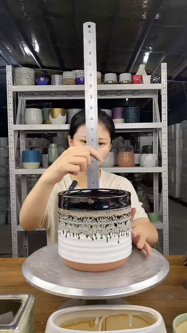 默认打孔陶瓷花盆宽高15-14微瑕