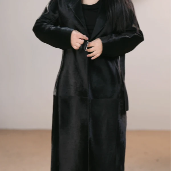 Zoehope进口胎牛皮毛一体轻奢翻领西装女款中长款皮草外套