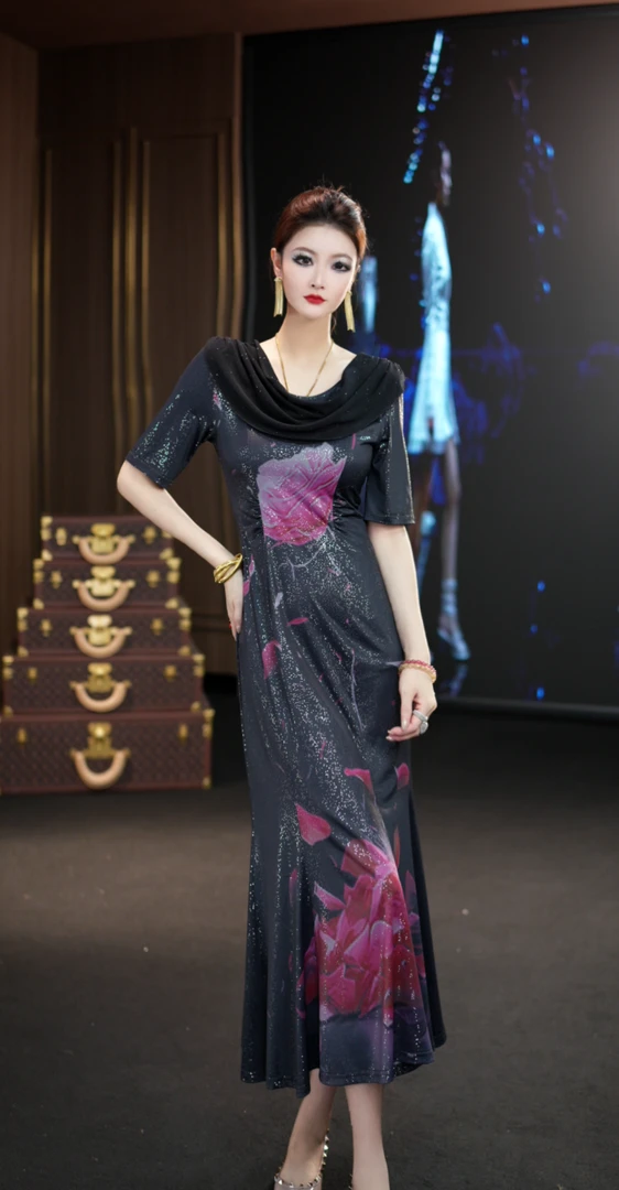 YINGHOU【曼曼】显瘦轻奢长款法式设计师连衣裙D29090