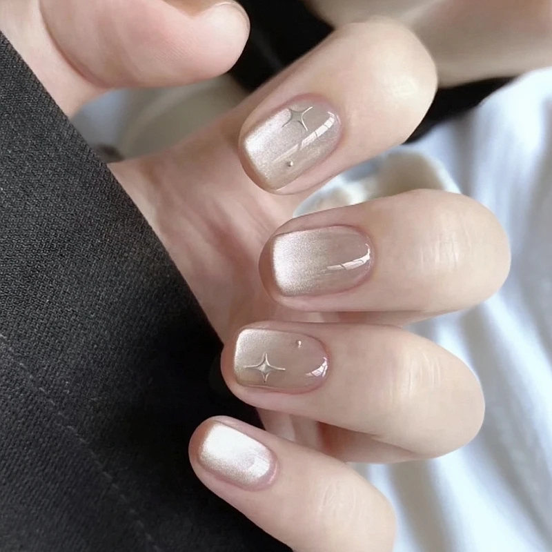 【月光灵石】玻璃珠豆豆裸色猫眼手工美甲专用穿戴甲十片装短款