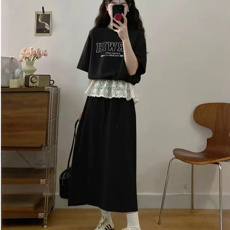 夏季蕾丝拼接字母印花上衣A字版半身裙套装