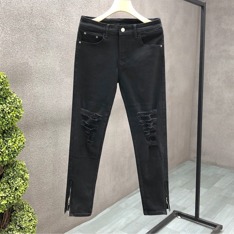 DeweLvum！!匠心制作！一眼就爱上!新款黑色修身小脚拉链牛仔裤男潮
