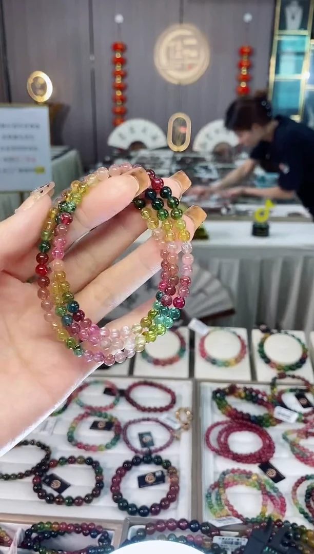 未镶嵌老矿碧玺色标彩虹透体三圈手串4mm+碧玺dan多样性发货一条