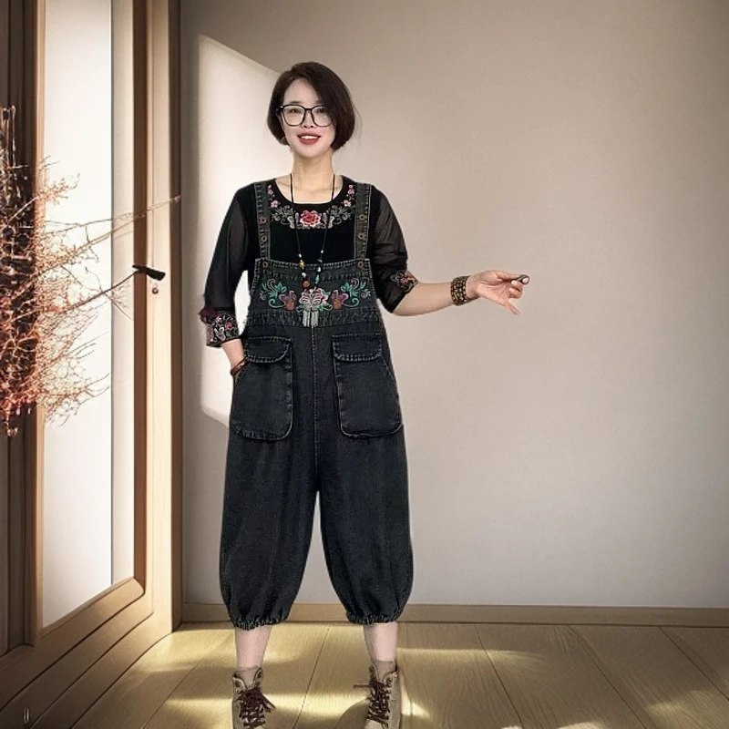 『豪雅』2025夏款水洗牛仔背带裤复古休闲刺绣大码女装时尚宽松显瘦