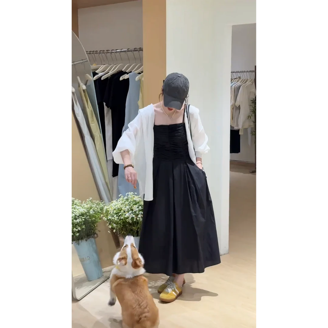 INS CEC防晒衬衫女吊带连衣裙夏季新款遮肉显瘦褶皱大摆长裙套装