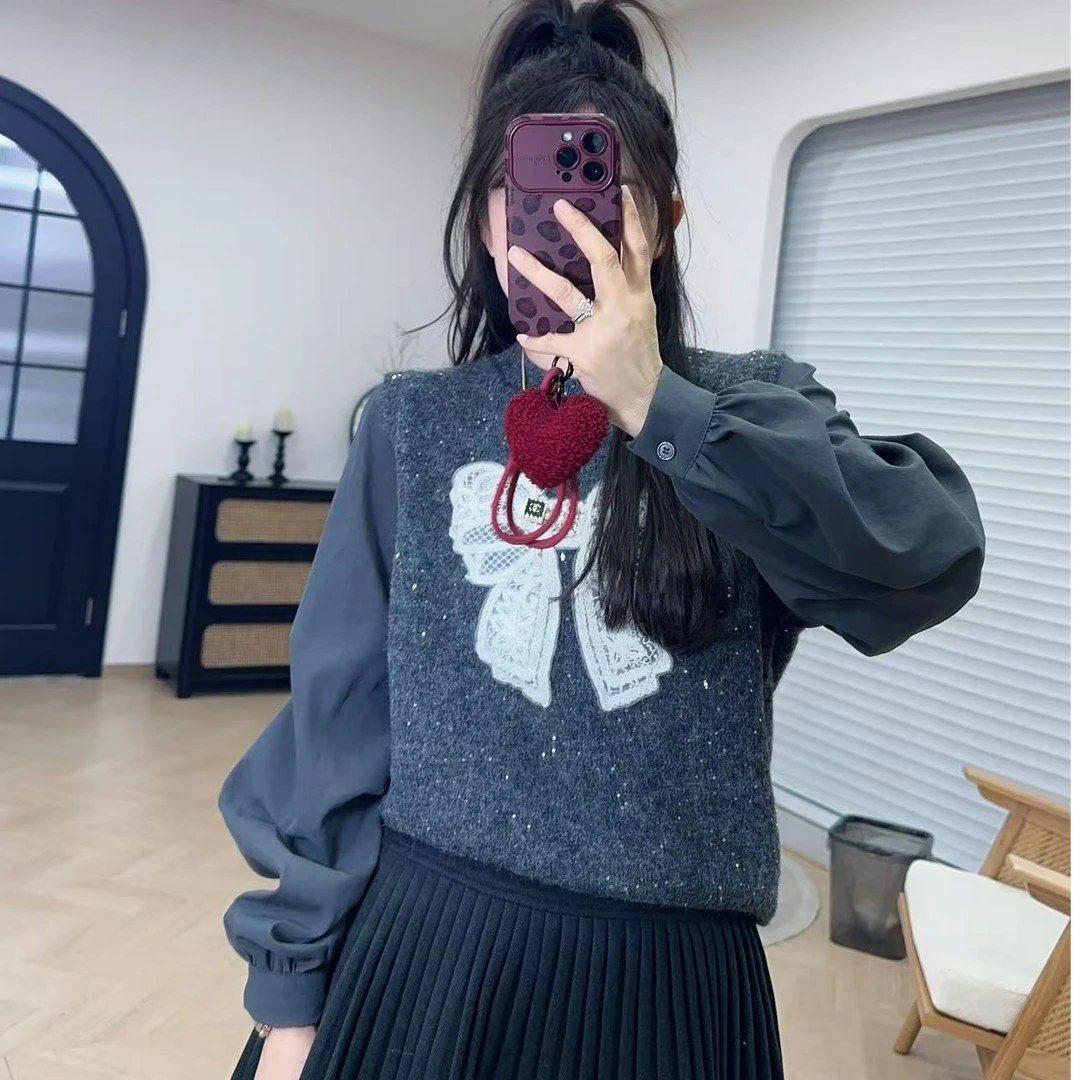 YX六 JLJ20010901新款大蝴蝶结假两件上衣时尚百搭韩版