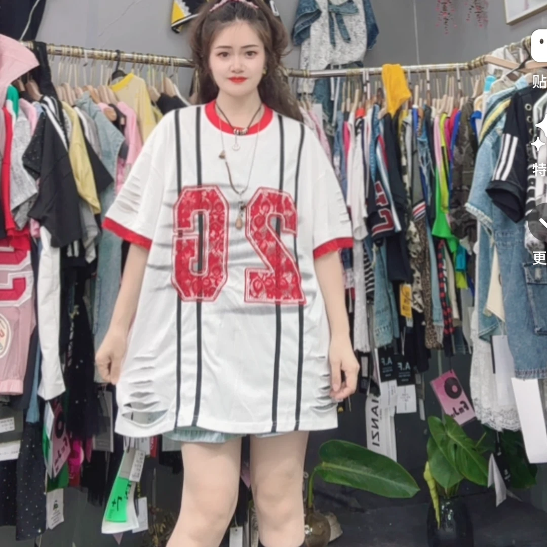 LY家120144#7+ 数字印花磨破设计宽松百搭休闲圆领T恤