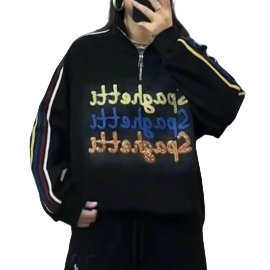 【洋玉服饰】2025春季新款欧韩重工女立领套头宽松休闲百搭长袖卫衣