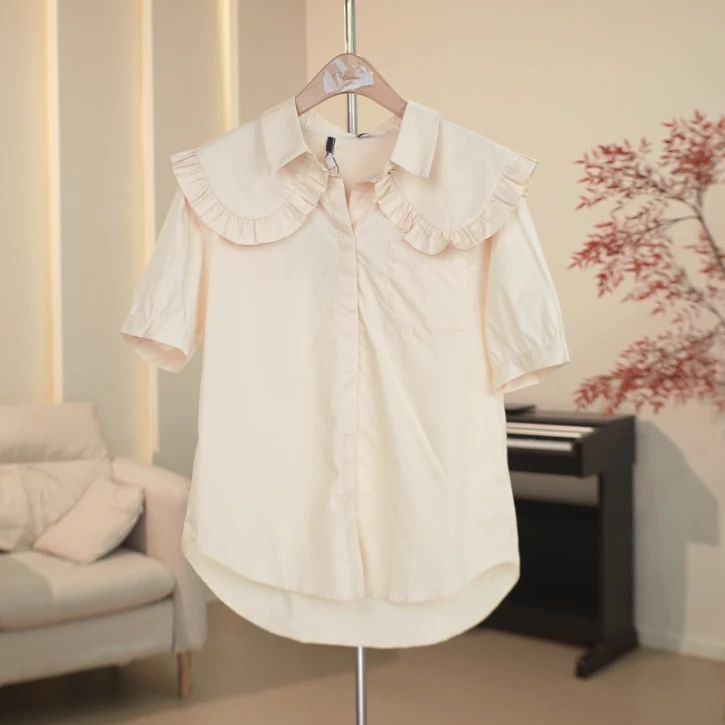 G886 木耳边披肩领前短后长纯色衬衫女 3B16