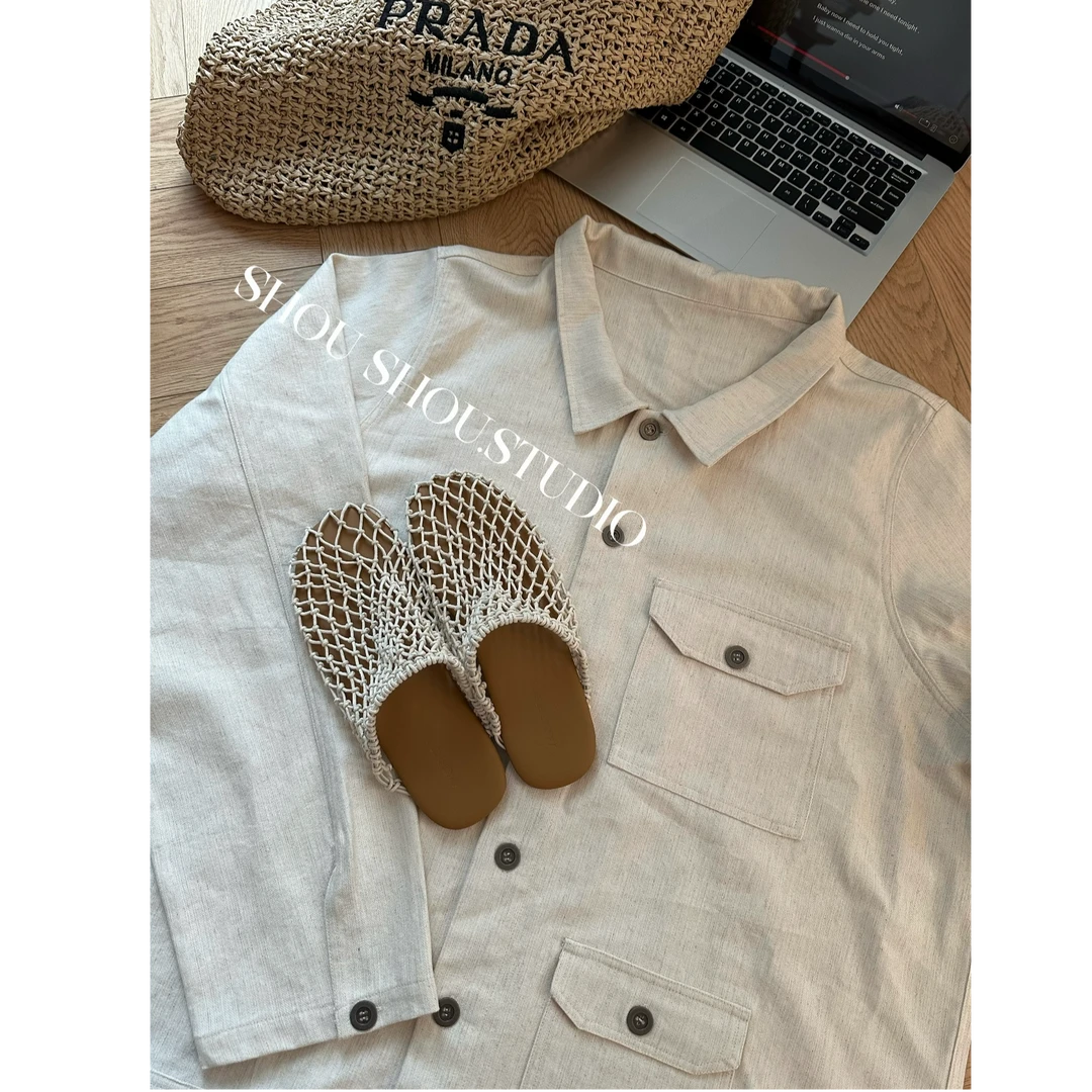 【瘦瘦】极简老钱-大码秋季复古天丝亚麻棉翻领贴布口袋外套S01837